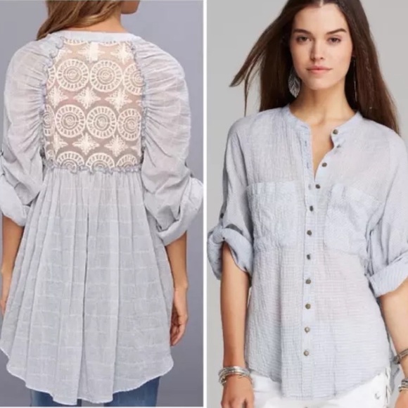 Free People Tops - Free People Put Your Back Into It Lace Back Pale Blue Pinstripe Button-Down - S